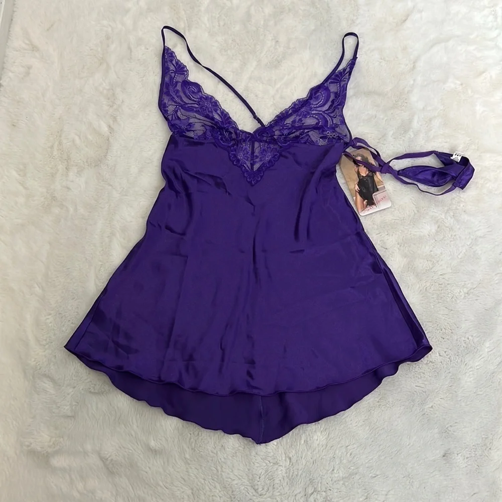 Shirley of Hollywood purple lace nightie/ chemise 2 piece NWT adjustable strap